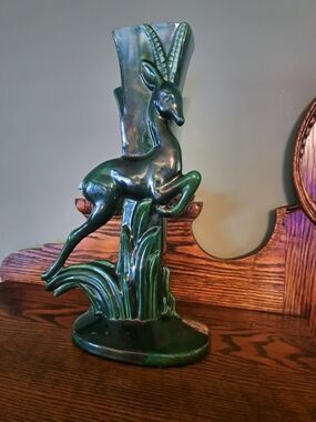 Vintage MCM Royal Haeger R706 Green Gazelle Antelope Deer Tall Vase 14"